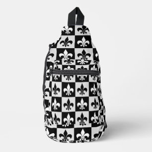 Chequered Black White Fleur-De-Lis Pattern Sling Bag