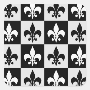 Chequered Black White Fleur-De-Lis Pattern  Square Sticker
