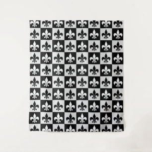 Chequered Black White Fleur-De-Lis Pattern Tapestry