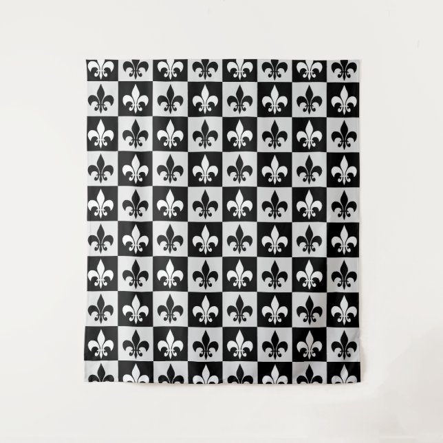 Chequered Black White Fleur-De-Lis Pattern  Tapestry (Front)