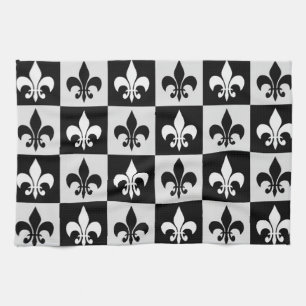 Chequered Black White Fleur-De-Lis Pattern  Tea Towel