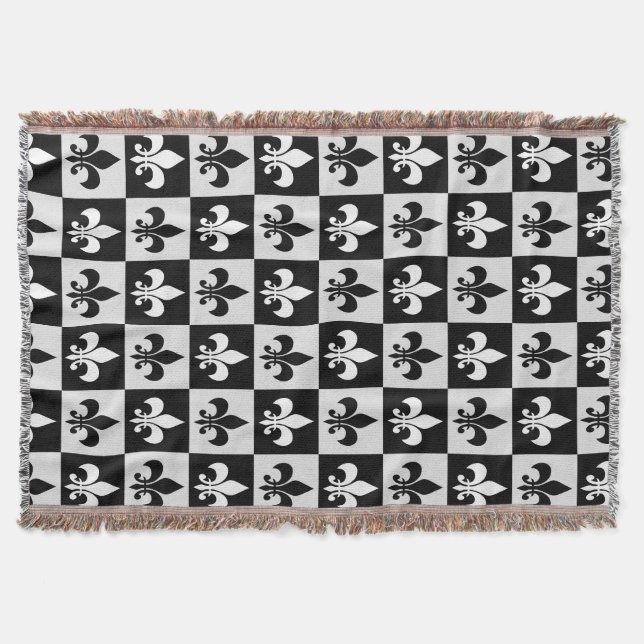 Chequered Black White Fleur-De-Lis Pattern  Throw Blanket (Front)
