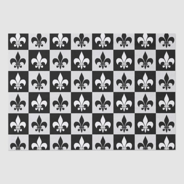 Chequered Black White Fleur-De-Lis Pattern  Tissue Paper (Front)