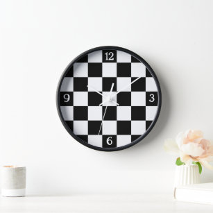 Chequered black white geometric retro w numbers clock