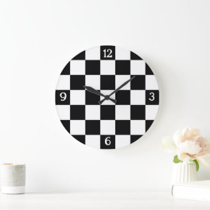 Chequered black white geometric retro w numbers large clock