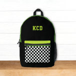 Chequered Black White Green Monogram Initials Kids Printed Backpack<br><div class="desc">This fun kids backpack design features a black,  white,  acid green,  and olive green colour palette with chequered pocket and initials. It's a fun modern design for all ages!</div>