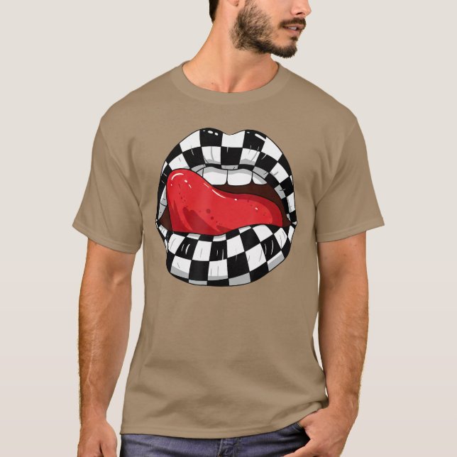 Chequered Black White Lip Racer Race Racing Men Wo T-Shirt (Front)