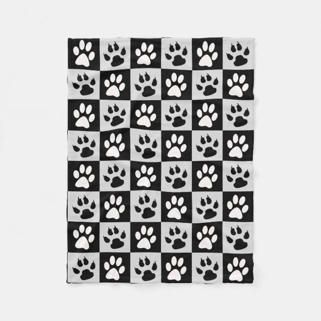 Chequered Black White Paws and Claws Fleece Blanket (Front)