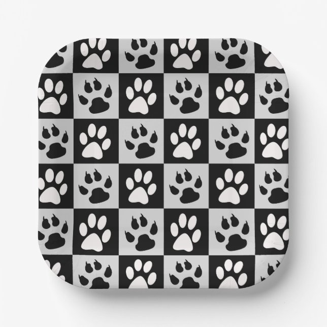 Chequered Black White Paws and Claws Paper Plate (Front)