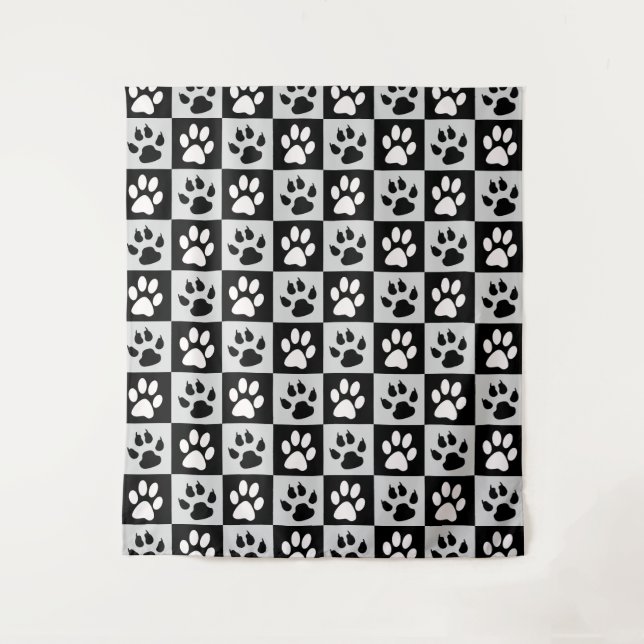 Chequered Black White Paws and Claws Tapestry (Front)