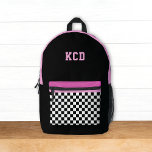 Chequered Black White Pink Monogram Initials Kids Printed Backpack<br><div class="desc">This fun kids backpack design features a black,  white,  pink,  and magenta colour palette with chequered pocket and initials. It's a fun modern design for all ages!</div>