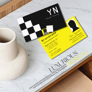 Chequered Black White Yellow with Monogram & Photo Business Card