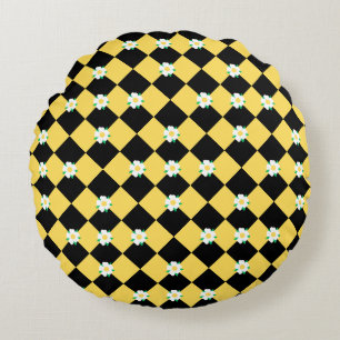 Chequered black yellow white flowers round cushion