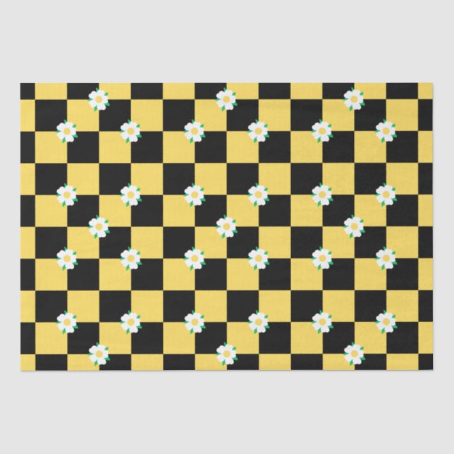 Chequered black yellow white flowers tissue paper (Front)