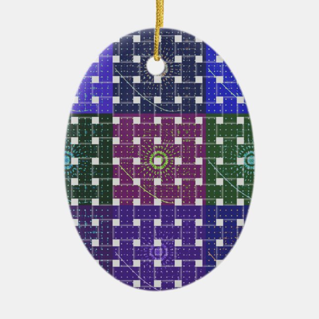 Chequered Blue and Purple Art Print Ceramic Tree Decoration (Front)