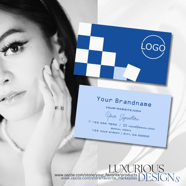 Chequered Blue and White Modern with Logo Stylish Business Card (Creator Uploaded)