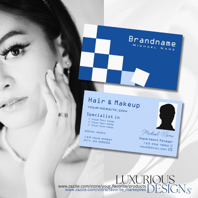 Chequered Blue and White Modern with Photo Stylish Business Card (Creator Uploaded)