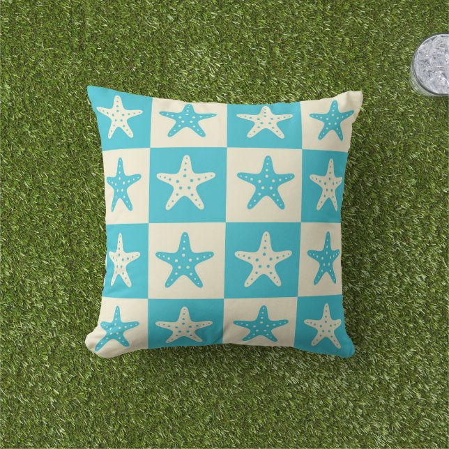 Chequered Blue and White Starfish Pattern  Cushion (Grass)