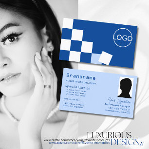 Chequered Blue and White with Logo & Photo Stylish Business Card