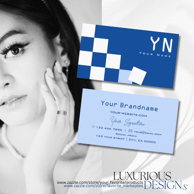 Chequered Blue and White with Monogram Modern Business Card (Creator Uploaded)