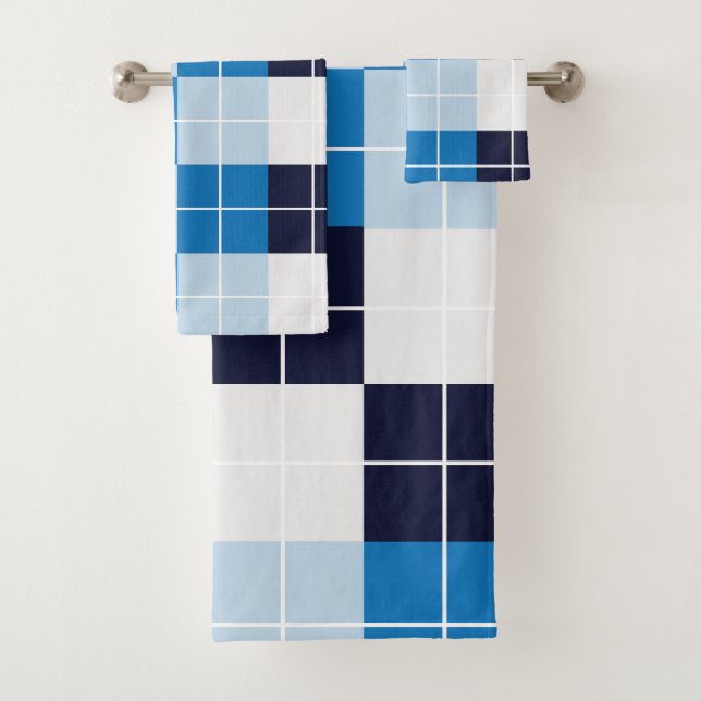 Chequered Blue Chequered Plaid Pattern Bath Towel Set (Insitu)