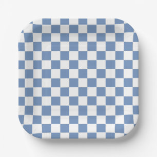 Chequered Blue/Grey and White Paper Plate