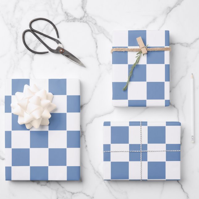 Chequered Blue/Grey and White Wrapping Paper Sheet (Front)