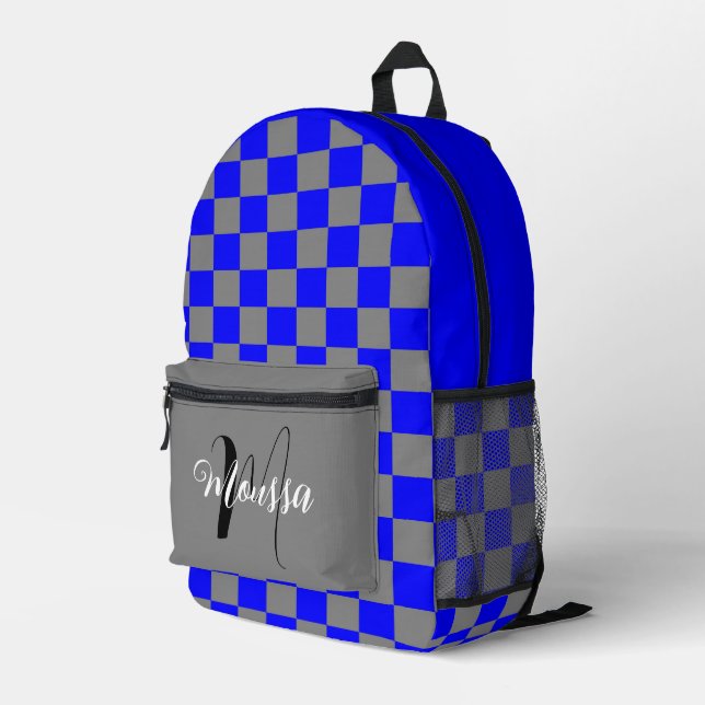 Chequered Blue Grey Colour - Initial Name Monogram Printed Backpack (Back Corner Right)