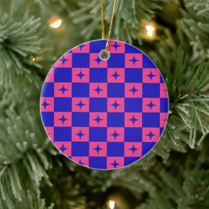 Chequered Blue & Pink Tile With Sparkles Pattern Ceramic Tree Decoration