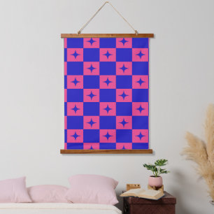 Chequered Blue & Pink Tile With Sparkles Pattern Hanging Tapestry