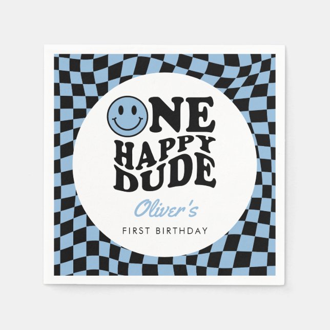 Chequered Blue Preppy Smile 1st Birthday Custom Napkin (Front)