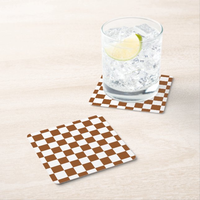 Chequered Brown and White  Square Paper Coaster (Insitu)
