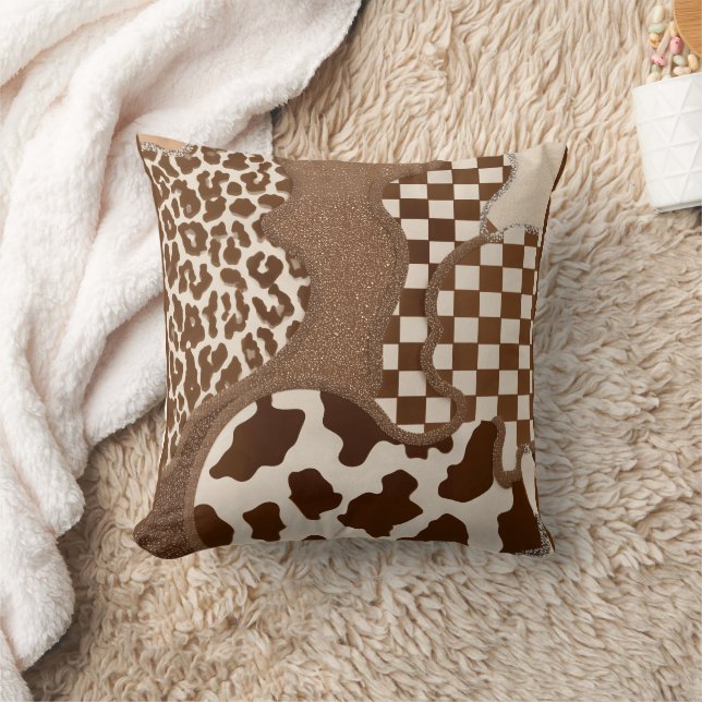 Chequered Brown Wavy Mocha Aesthetic Cow Print Cut Cushion (Blanket)