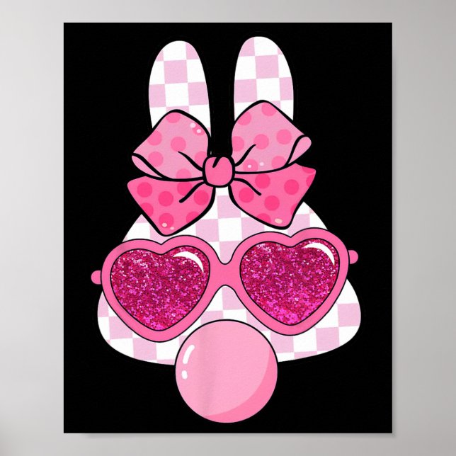 Chequered Bunny Blowing Bubble Gum Easter Coquette Poster (Front)