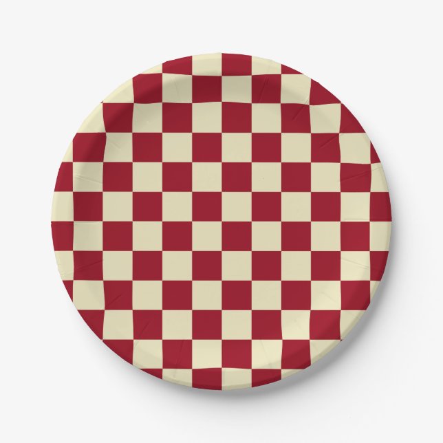 Chequered Burgundy and Cream Paper Plate (Front)
