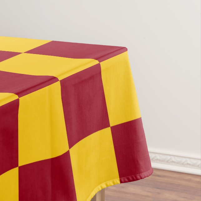 Chequered Burgundy and Gold Tablecloth (In Situ)