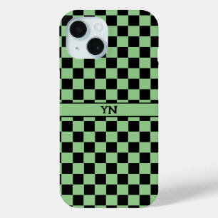 Chequered (chequered) Black & Green Initials Name iPhone 15 Case