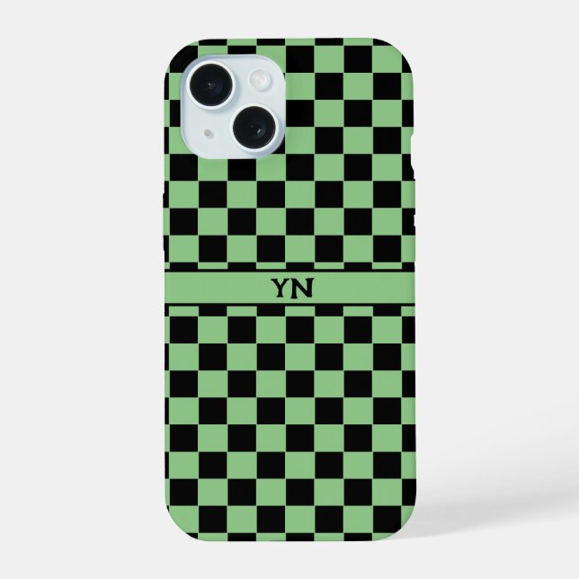 Chequered (chequered) Black & Green Initials Name  iPhone 15 Case (Back)