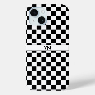 Chequered (chequered) Black & White Initials Name  iPhone 15 Case
