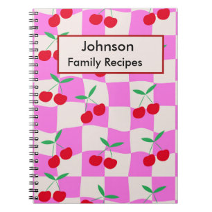 Chequered Cherries on Pink Personalised Recipes Notebook