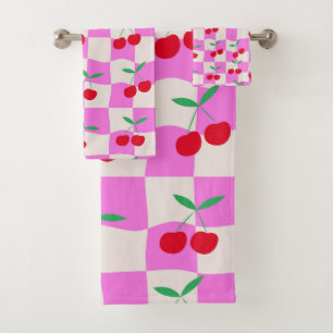 Chequered Cherries on Pink Warped Checkerboards Bath Towel Set