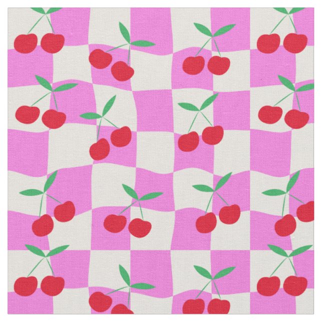 Chequered Cherries on Pink Warped Checkerboards Fabric (Close Up)