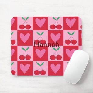 Chequered Cherries with Pink Hearts Custom Name  Mouse Pad