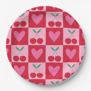 Chequered Cherries with Pink Hearts Pattern Paper Plate