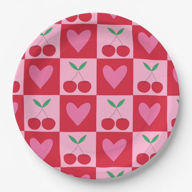 Chequered Cherries with Pink Hearts Pattern Paper Plate (Front)