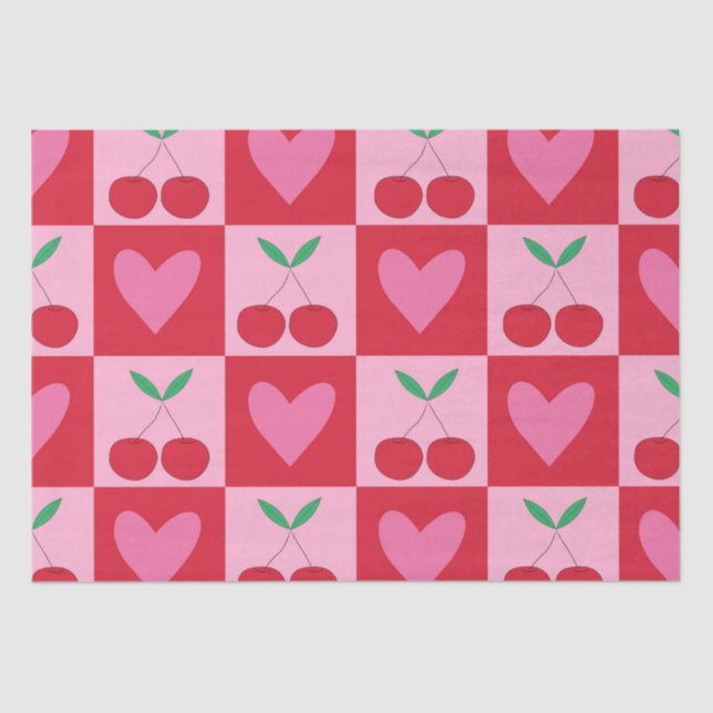 Chequered Cherries with Pink Hearts Pattern Tissue Paper (Front)