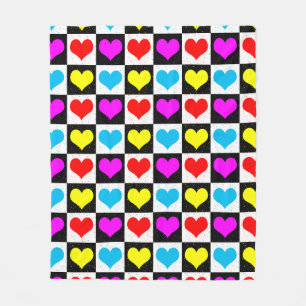 Chequered Colourful Hearts Pattern Fleece Blanket