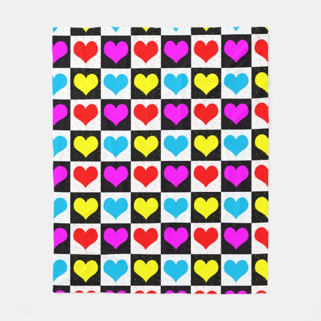 Chequered Colourful Hearts Pattern  Fleece Blanket (Front)