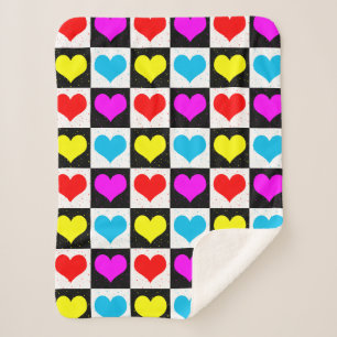 Chequered Colourful Hearts Pattern  Sherpa Blanket