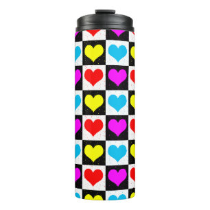 Chequered Colourful Hearts Pattern Thermal Tumbler